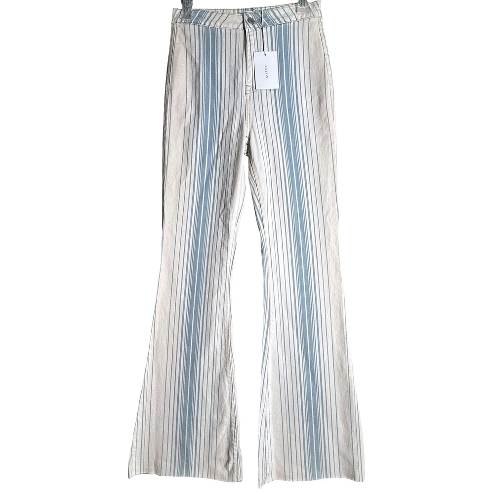 Cello Womens High Rise Striped Flare Jeans Cream Blue WV38225LT Size 5 NEW
